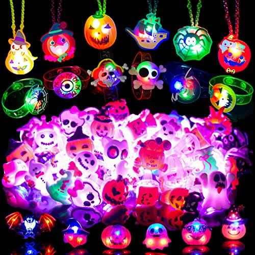 Halloween Party Favors for Kids - 42 PCS LED Halloween Light Up Toys including Necklaces Rings Bracelets Brooches,Glow in the Dark Halloween Decorations,Halloween Treats Non Candy Goodie Bag Fillers - Glow-Paradise