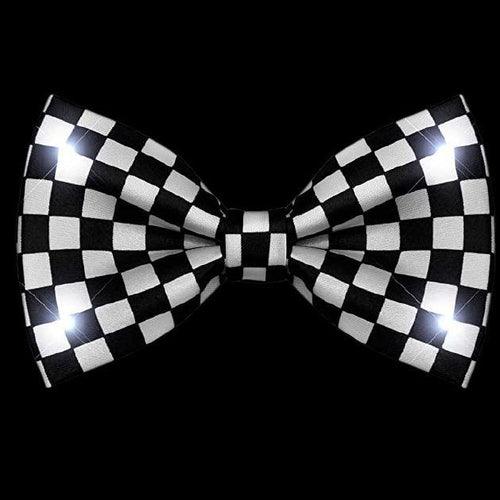 LED Light Up Black and White Checkered Bow Tie with White LED Lights (1 Per Pack) - Glow-Paradise