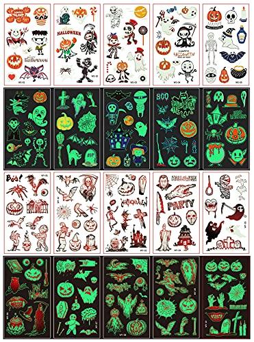 Temporary Tattoos for Kids - 200 Styles Waterproof Mixed Style Halloween Cartoon Fake Tattoo, Glow in The Dark Spider Bat Witch Pumpkin Ghost Tattoo, Boys Girls Party Supplies Favor (20Sheets) - Glow-Paradise