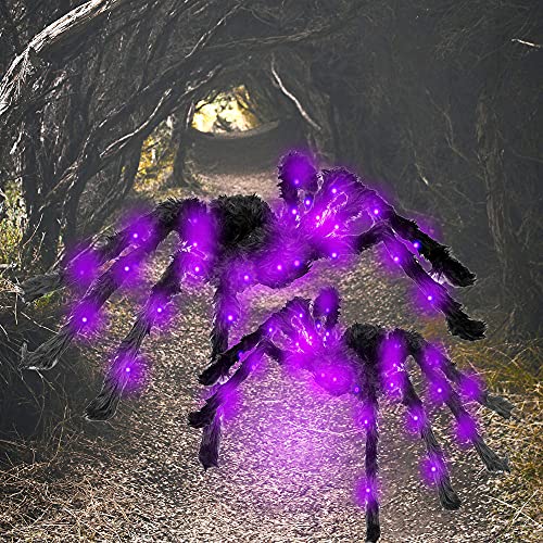 BEIGUO 2 Pack Halloween Light up Spiders Giant Hairy Spider with Purple Lights for Halloween Decorations Outdoor,Indoor,Yard Halloween Party Decoration - Glow-Paradise