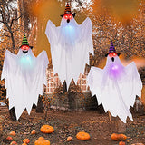 29.5'' Halloween Ghosts Decorations with Witch Hats (3 Pcs) , Light-up Hanging Ghost Decorations with Spooky Red Eyes for Halloween Yard Lawn Patio Decorations Party Décor and Trick-or-Treat Party - Glow-Paradise