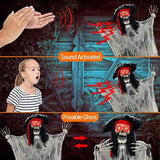 [ Sound Activated & Large ] 70 Inch Halloween Hanging Animated Talking Pirate Ghost Decoration Light up Eyes Shake Life Size Skull Skeleton Halloween Decor Outdoor Haunted House Prop Yard Party - Glow-Paradise