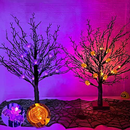[ 2 Pack ] 24 Inch Orange & Purple Lights Black Halloween Tree Decor with Timer, DIY 25 Bats & 25 Pumpkins Light Ornaments Battery Operated Tabletop Black Spooky Tree Halloween Decorations Indoor Home - Glow-Paradise