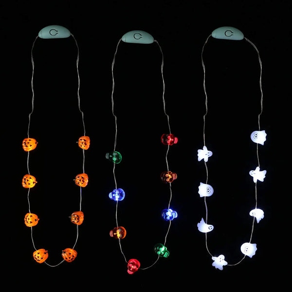 3 Pack - Halloween Lighting Up LED Necklace Ghost, Jack O Lantern Pumpkin, Skull for Trick or Treating Door Parade Procession - Glow-Paradise
