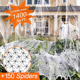 1400 sqft Halloween Spider Webs Decorations with 150 Extra Fake Spiders, Super Stretchy Cobwebs for Halloween decor Indoor and Outdoor - Glow-Paradise