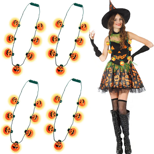 LED Flashing Light Up Halloween Pumpkin Jack O Lantern Necklace Holiday Party Bulbs for Party Decoration (4 Count Per Pack) - Glow-Paradise