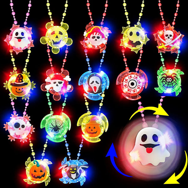 Halloween Flash LED Light Up Spin Necklaces Glow in the Dark Party Supplies (15 Necklaces Per Pack) - Glow-Paradise