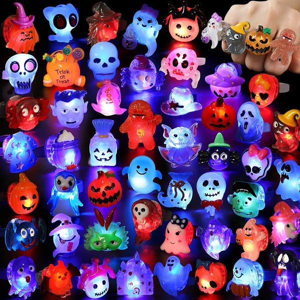 50 pcs Halloween Flash LED Light Up Rings Glow in the Dark Party Supplies (Assorted Colors, 50 Pieces Per Pack) - Glow-Paradise