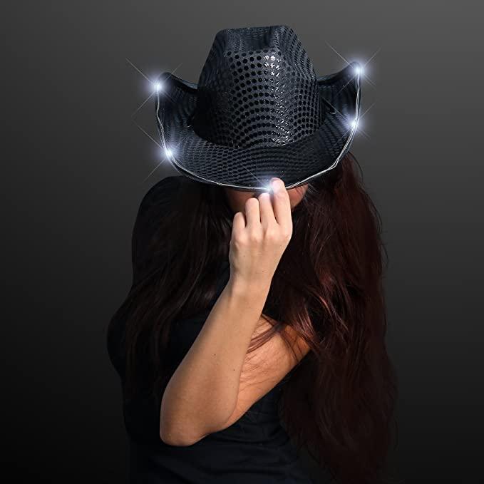 LED Flashing Cowboy Hat With Sequins (Black Color, 1 Quantity Per Pack) - Glow-Paradise