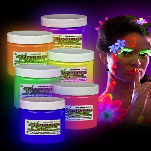 Glominex Glow Body Paint 8oz Jars (Assorted Colors, 6 Jars Per Pack) - Glow-Paradise