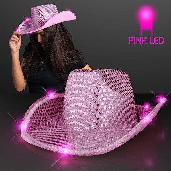 LED Flashing Cowboy Hat With Sequins (Pink Color, 1 Quantity Per Pack) - Glow-Paradise