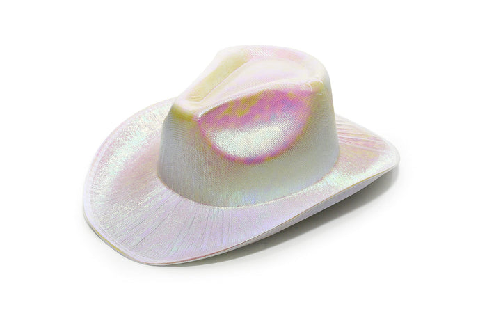 Neon Sparkly Iridescent Glitter Cowboy Hat (Metallic White, 1 Quantity Per Pack) - Glow-Paradise