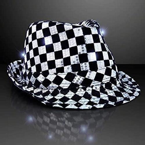 LED Light Up Flashing Fedora Hat with Checkered Sequins (1 Hat Per Pack) - Glow-Paradise