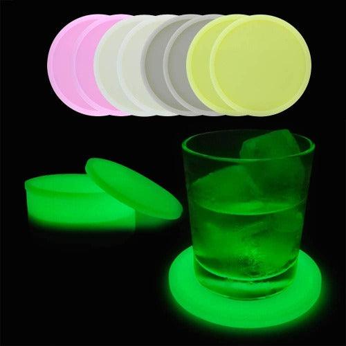 Glow in The Dark Fluorescent Silicone Drink Coasters (Pink/White/Beige/Yellow Colors, 8 Coasters Per Pack) - Glow-Paradise