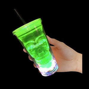 LED Light Up Flashing Double Walled Skull Tumbler With Lid And Straw (Green Color, 1 Quantity Per Pack) - Glow-Paradise