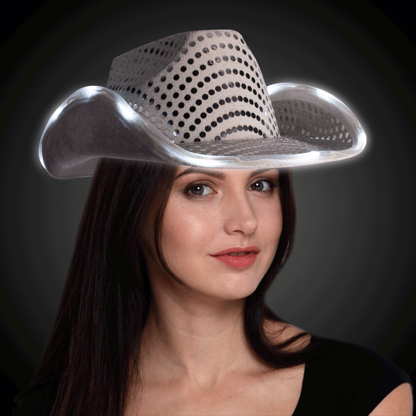 LED Flashing Cowboy Hat With Sequins (White Color, 1 Quantity Per Pack) - Glow-Paradise