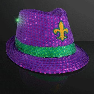 Light Up Flashing Mardi Gras Fleur de Lis Fedora Hat (Purple Color, 1 Hat Per Pack) - Glow-Paradise