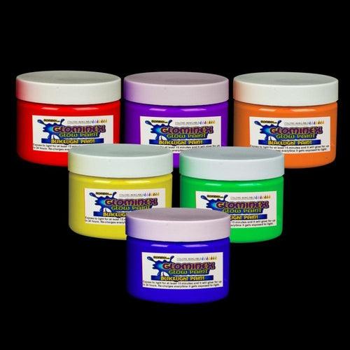 Glominex Blacklight UV Reactive Paint 2 oz Jars  (Assorted Colors, 6 Quantity Per Pack) - Glow-Paradise