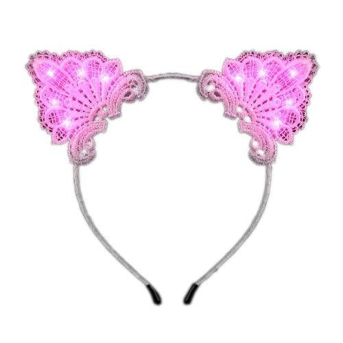 Pink LED Lace Cat Animal Ears Headband (1 Hat Per Pack) - Glow-Paradise