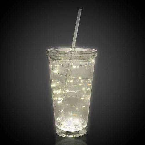 LED Light Up 16 Oz String Double Walled Tumbler With Lid And Straw (White Color, 1 Quantity Per Pack) - Glow-Paradise